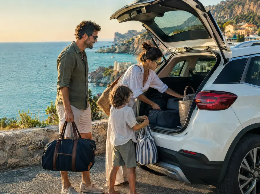Famiglia che carica i bagagli in auto